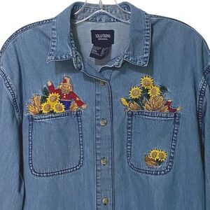 Vintage Scarecrow Denim Shirt Womens L Blue Grandma Sunflowers Country Western